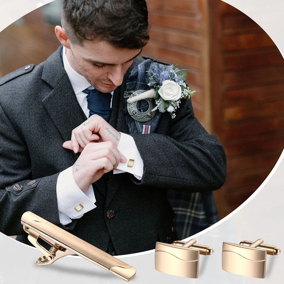 Men's Tie Clasp Cufflinks Set Business Wedding Shirts Cuff Links Necktie Clip - Image 3 of 4