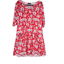 Plus Size 2XL Red Floral Swing Dress Short Sleeve Pockets Casual Summer Resort