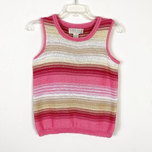 Vintage Norton McNaughton Pink & Beige Striped Knit Sweater Vest Tank Top Size S - Image 2 of 4