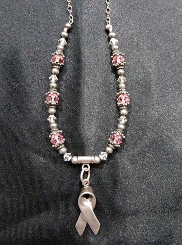 925 Sterling & Crystal Bead Breast Cancer Awareness Ribbon Pendant Necklace 17"