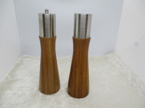 Vintage Danish Modern Teak Wood & Brushed Metal Salt Shaker & Pepper Mill - Picture 4 of 14