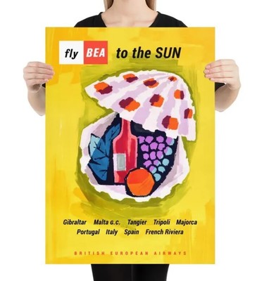 Fly to the sun: Malta, Gibraltar, BEA, 1957   retro travel poster