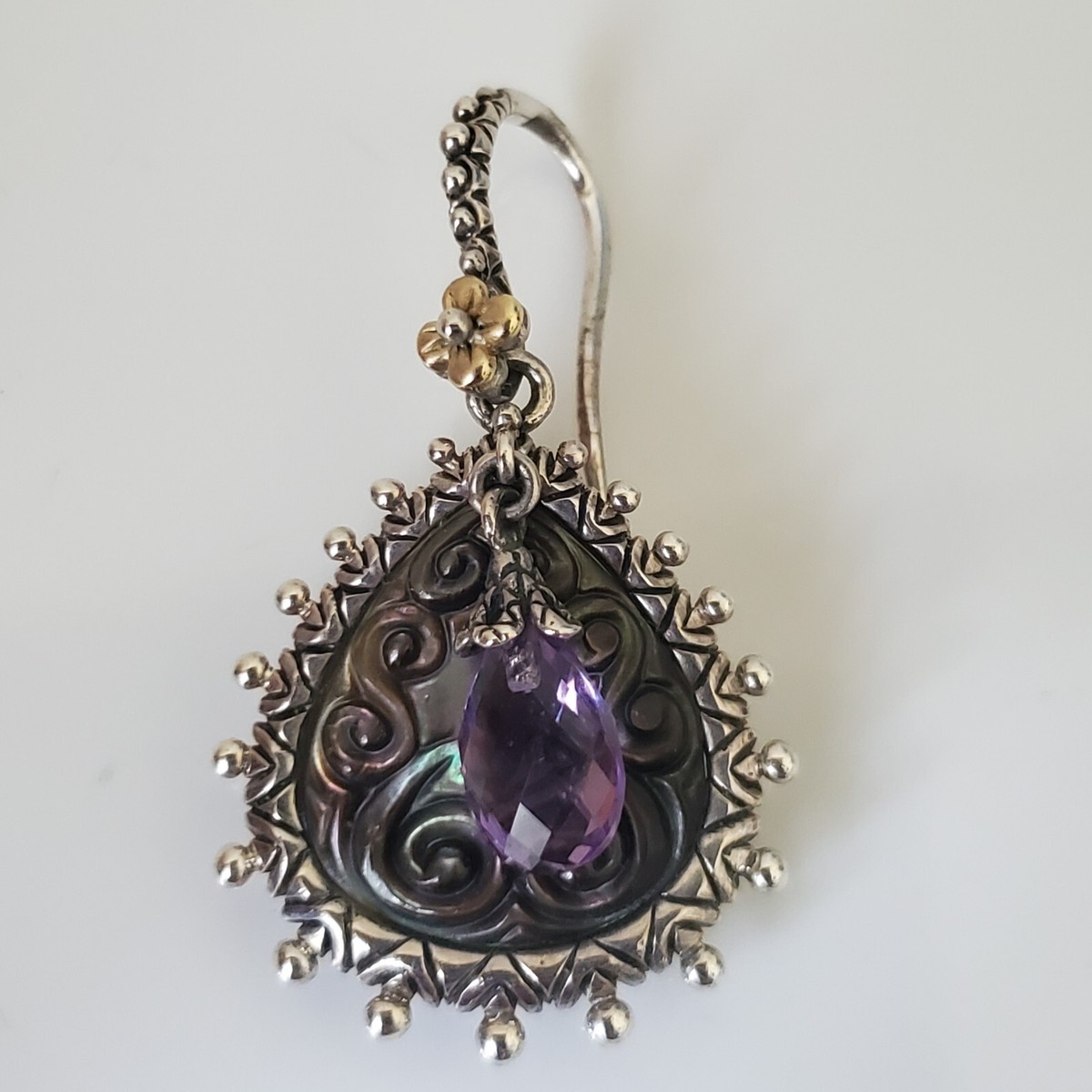BARBARA BIXBY Earrings Carved Black MOP Amethyst BRIOLETTE 925 18K Flower  QVC