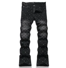 Mens Black Cotton Denim Jeans Straight Leg Rhinestone Stretch Punk Hip Hop Pants