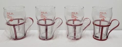 4 Vintage Libbey Drinking Glasses W Red Metal Handle Basket Dairy Milk Advertise