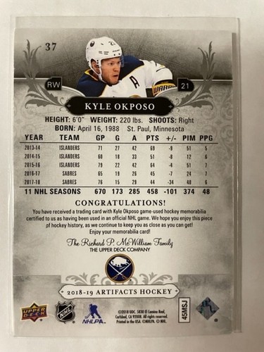 MAGLIA DOPPIA Upper Deck Artifacts 2018-19 Kyle Okposo #37 (084/165) - Foto 2 di 2