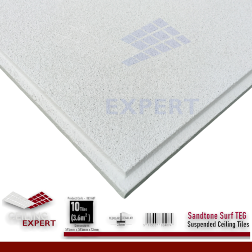 SUSPENDED CEILING TILES SANDTONE TEXTURE 600x600mm TEGULAR EDGE 595x595 Full Box - Picture 1 of 6