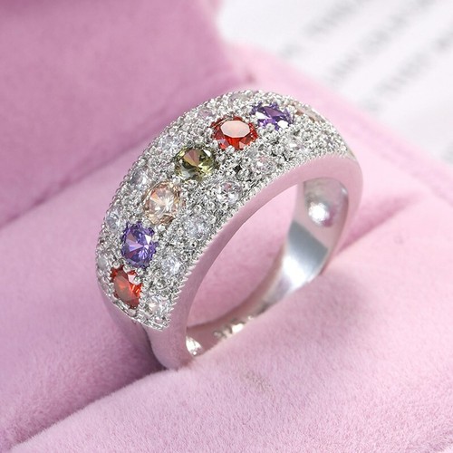 Anillo de boda de compromiso de plata 925 púrpura + verde oliva + rojo circonita cúbica para mujer talla 6-10 - Imagen 10 de 10