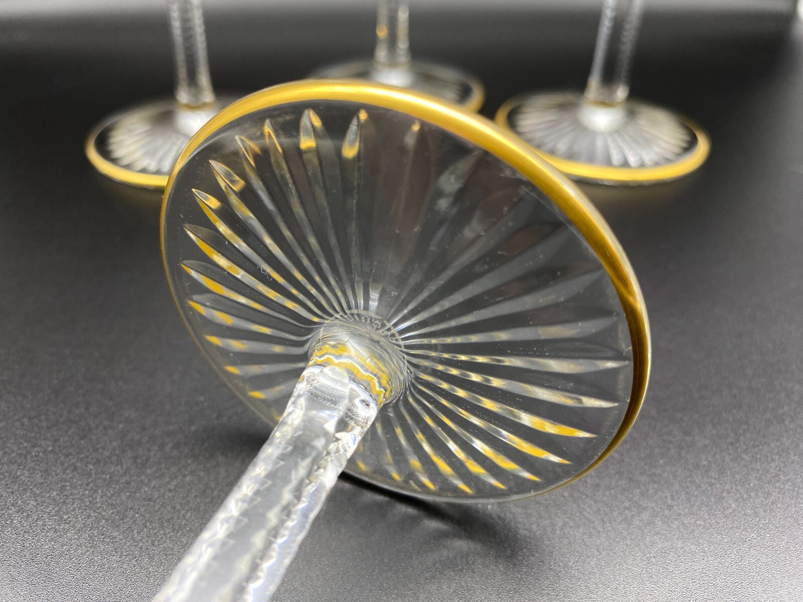 St Louis Apollo Gold 7 3/8" Fluted Champagne Glasses from France: Lot of 4