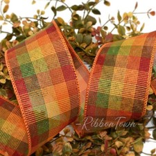 10 Yard Spool Autumn Fall Red Orange Yellow Green Plaid Wired Ribbon - 2.5" Wide