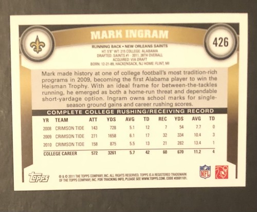 Tarjeta de novato Topps 2011 Mark Ingram #426 New Orleans Saints/Baltimore Ravens NFL - Imagen 2 de 2