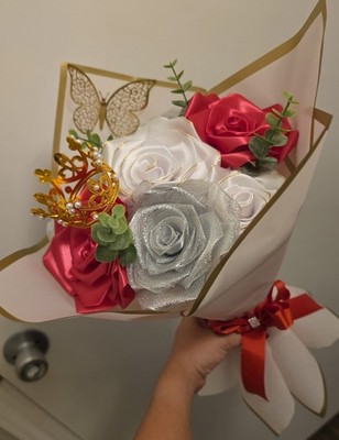 Hande Made Artificial Ribbon Rose Bouquet  White Silver