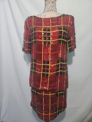 Vintage Modi Sequin Skirt & Top. Black, Red, Yellow Checkered. Size Small 6/8.