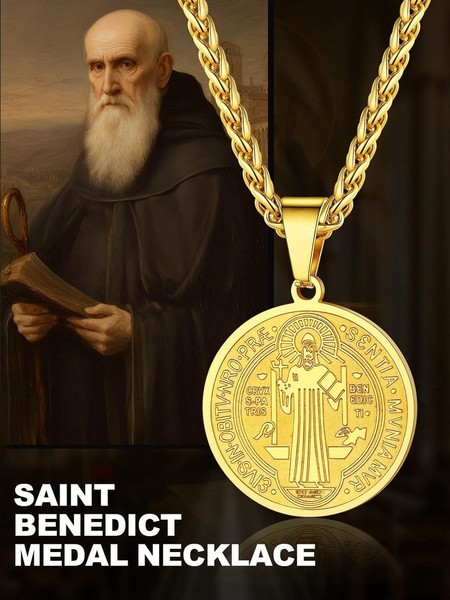 Alternate view of Men Women Gold Plated Saint Benedict Necklace Amulet