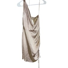 Glam Los Angeles One Shoulder Ruched Satin Mini Dress Champagne Gold Small NEW