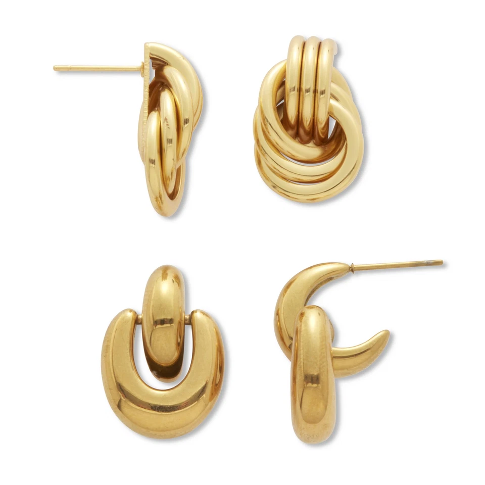 Juego de aretes colgantes de nudo trenzado de acero inoxidable chapado en iones de oro amarillo Foto 2 de 4