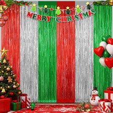 2-Pack Christmas Fringe Curtains Red Silver Green Tinsel Backdrop New