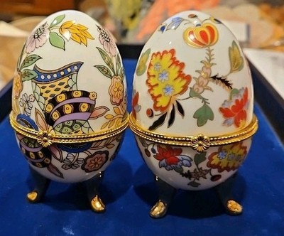 2  Egg Shaped Enamel Trinket Box with Gold Trim Featuring Flowers