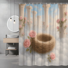 Elegant Floral Shower Curtain with Pink Roses and Nest Design