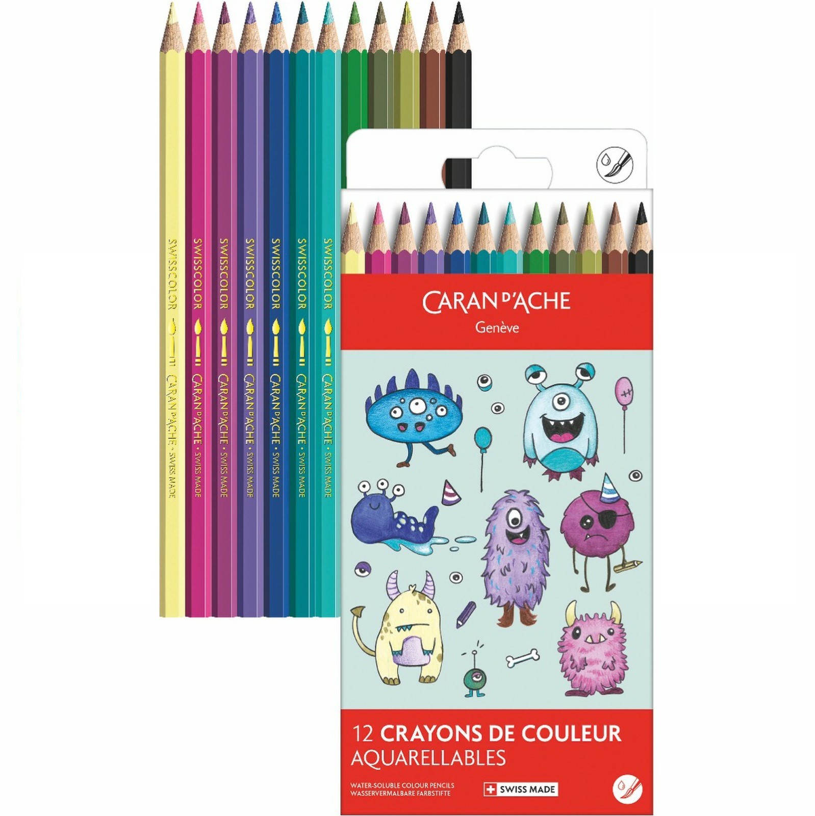 Caran d'Ache Swisscolor Watercolour Pencils Funny Monsters Kawaii Set of 12