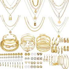 69 PC Gold Plated Jewelry Set: Necklace, Bracelet  Earrings for Women Fashion