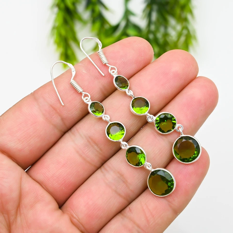 Green Peridot Gemstone 925 Sterling Silver Handmade Jewelry Earring Gift For Her - Image 3 of 4