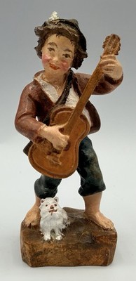 Vintage Walter Stahli 3.5  Painted Wood Figurine - Singing Boy with Guitar & Dog