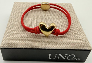 Authentic Uno de 50 BEAT Red Elastic Thread Stretch Bracelet 18k Gold Plated Heart