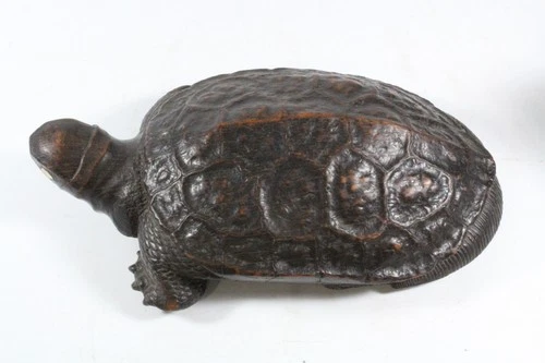 Antique Chinese / Japanese Lifesize Carved Wood Tortoise / Turtle Okimono Signed