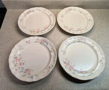 (4) PFALTZGRAFF USA Tea Rose 10⅜ in. DINNER PLATES: Pink & Blue Floral on Ivory