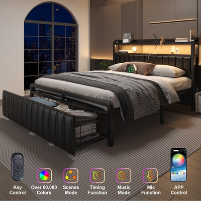 #ad Full Queen LED Bed Frame with Charging Stationamp;Upholstered Storage Headboard $170.99