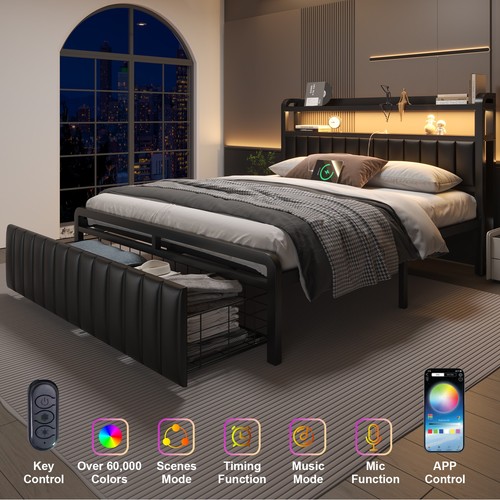 Full Queen LED Bed Frame with Charging Station&Upholstered Storage Headboard