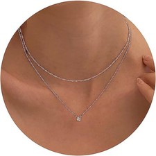 Cubic Zirconia Silver Necklaces for Women, Dainty S925 Sterling Silver Ch