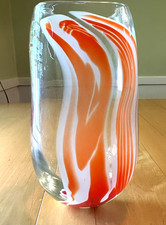 Murano Art Glass Vintage Venetian Sommerso Signed Large Vase Orange Swirls 10"H