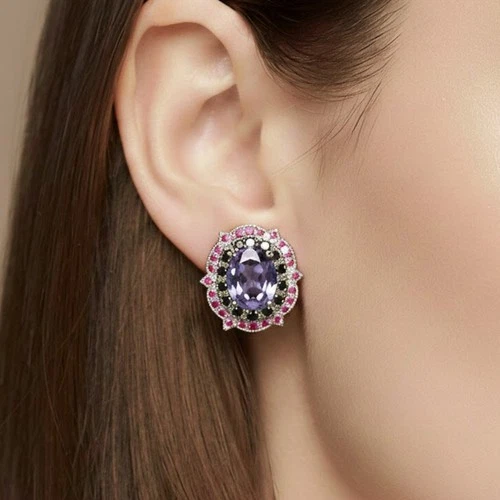 Elysian Purple Spinel Oval 8.40Ct 925 Sterling Silver White Gold Halo Earrings