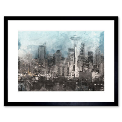 Seattle City Skyline Illustration gerahmter Wandkunstdruck 9 x 7 Zoll