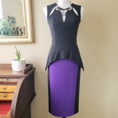 Black Halo Black and Purple Cutout Color Block Peplum Midi