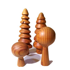 Modern MCM Turned Wood Pine Trees and Topiary Trees Figurines with Owl Set of 4