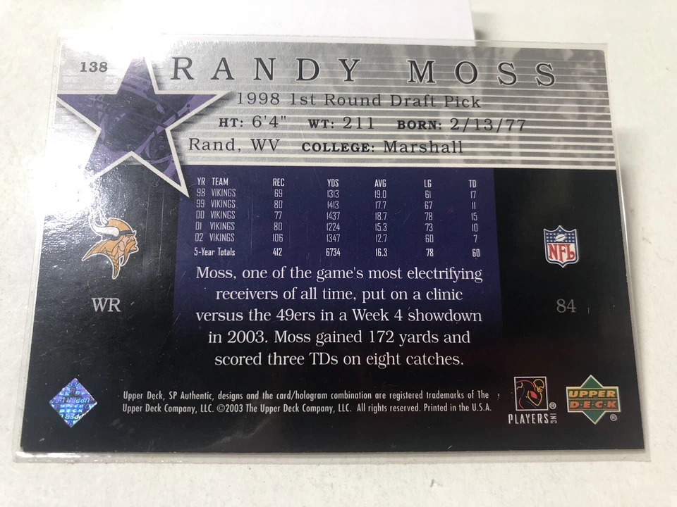 2003 SP Authentic Randy Moss - Star Status #1049/1200 Upper Deck #138 Vikings HO - Image 2 of 2
