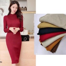 Women Turtleneck Long Sleeve Stretch Dress Autumn Bodycon Solid Basic Fit Dress