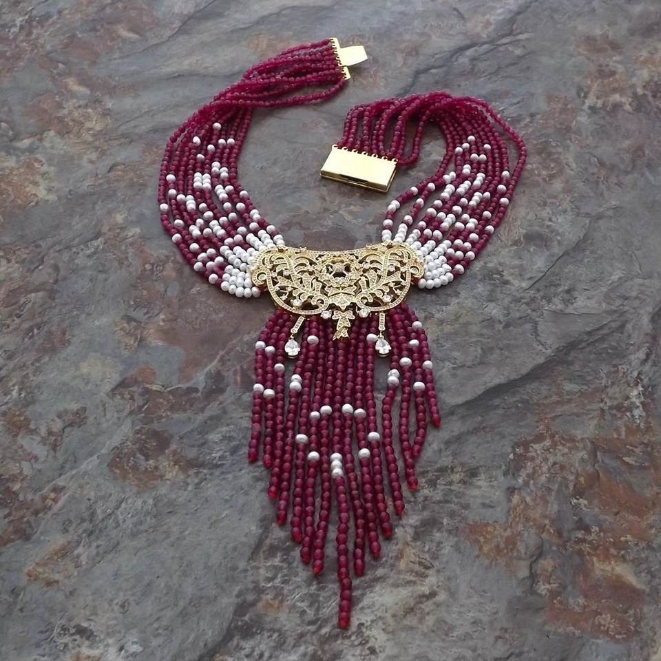 Collar colgante de perlas de jade rojo de 19" 9 hilos circonita cúbica Foto 3 de 4