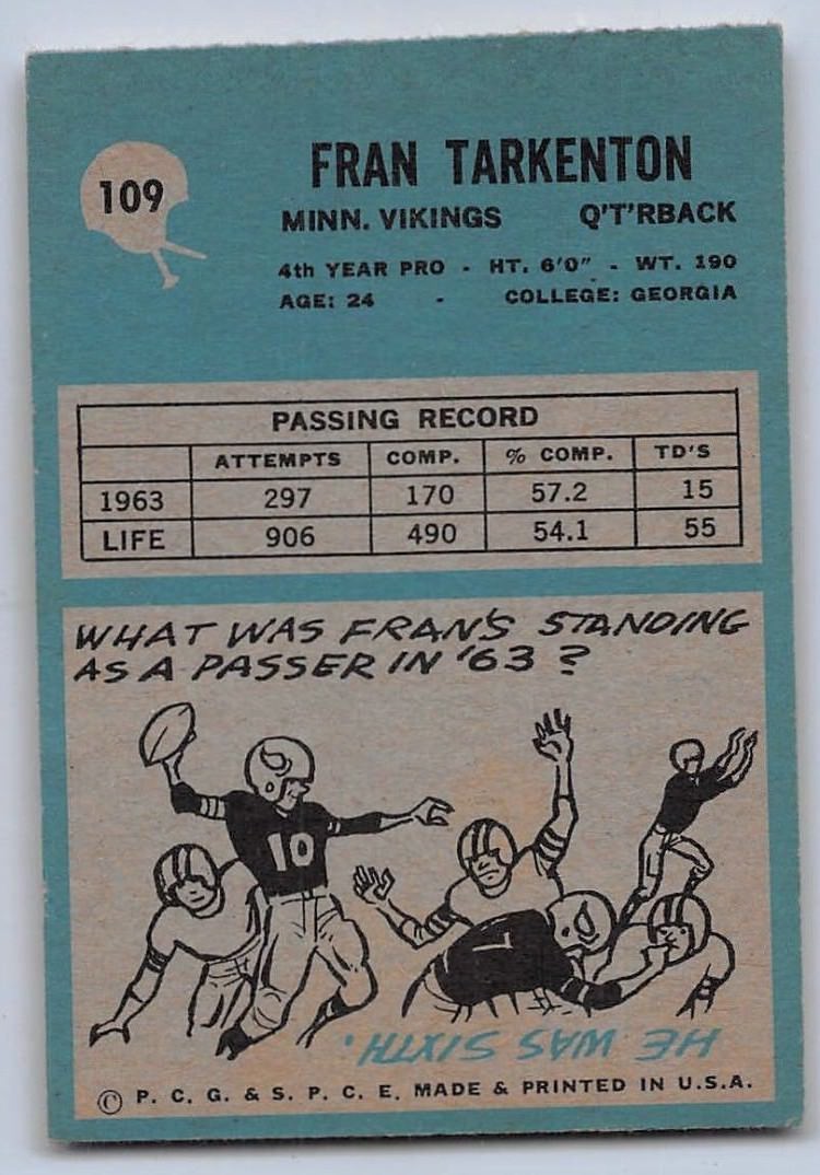 1964 FRAN TARKENTON - Philadelphia Football Card - # 109