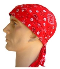 QUALITY RED PAISLEY SKULLCAP HEAD WRAP * MADE IN THE USA * BUILT IN SWEAT BAND