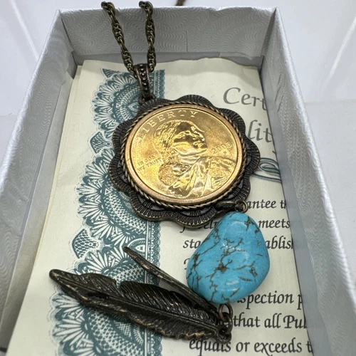 NIB Publishers Clearing House 2003 Liberty Gold Dollar Coin Turquoise Necklace