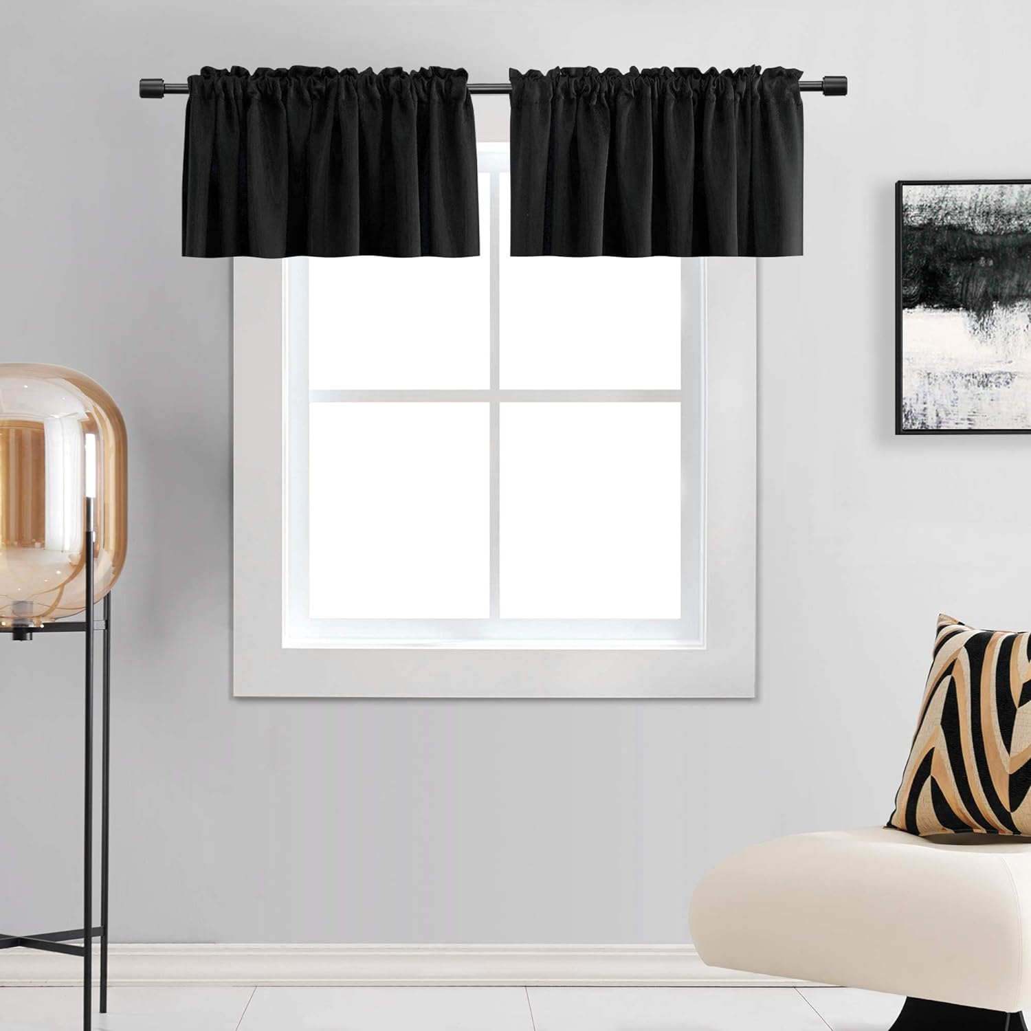 DONREN 15 Inches Long Black Valances for Windows - 2 Panels Blackout Theme Insul
