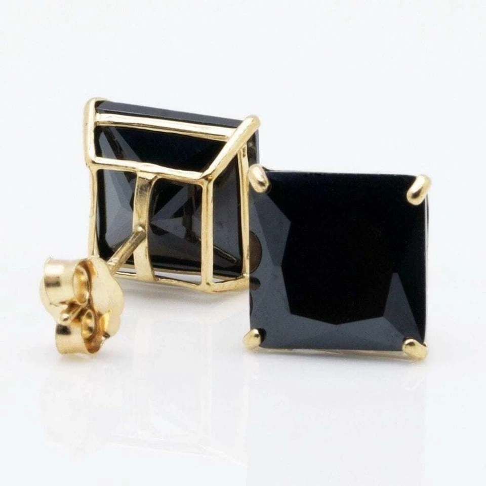 14K Yellow Gold 4Ct Simulated Black Diamond Princess-Cut Stud Earrings - Image 3 of 4