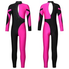 Girls Rhinestone Long Sleeve Full Length Jumpsuit Gymnastic Ballet Dance Catsuit