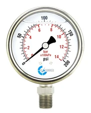 2" Pressure Gauge, Stainless Steel Case, Liquid Filled, Lower Mnt, 200 PSI