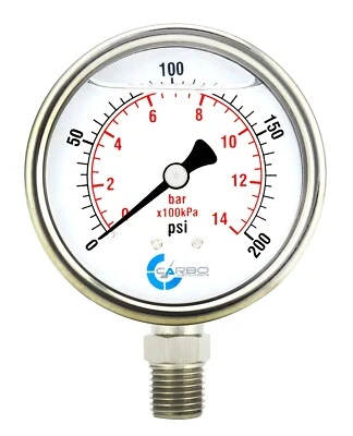 CARBO INSTRUMENTS 2" Pressure Gauge, Stainless Steel Case, Liquid Filled, Lower Mnt, 200 PSI