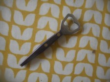 Old bottle opener, riveted wooden handle, 5" long, kitchenalia.